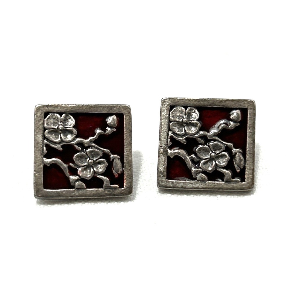 Chicos Stud Earrings Silver Toned Cherry Blossom Flowers Red Background 3/4" sq